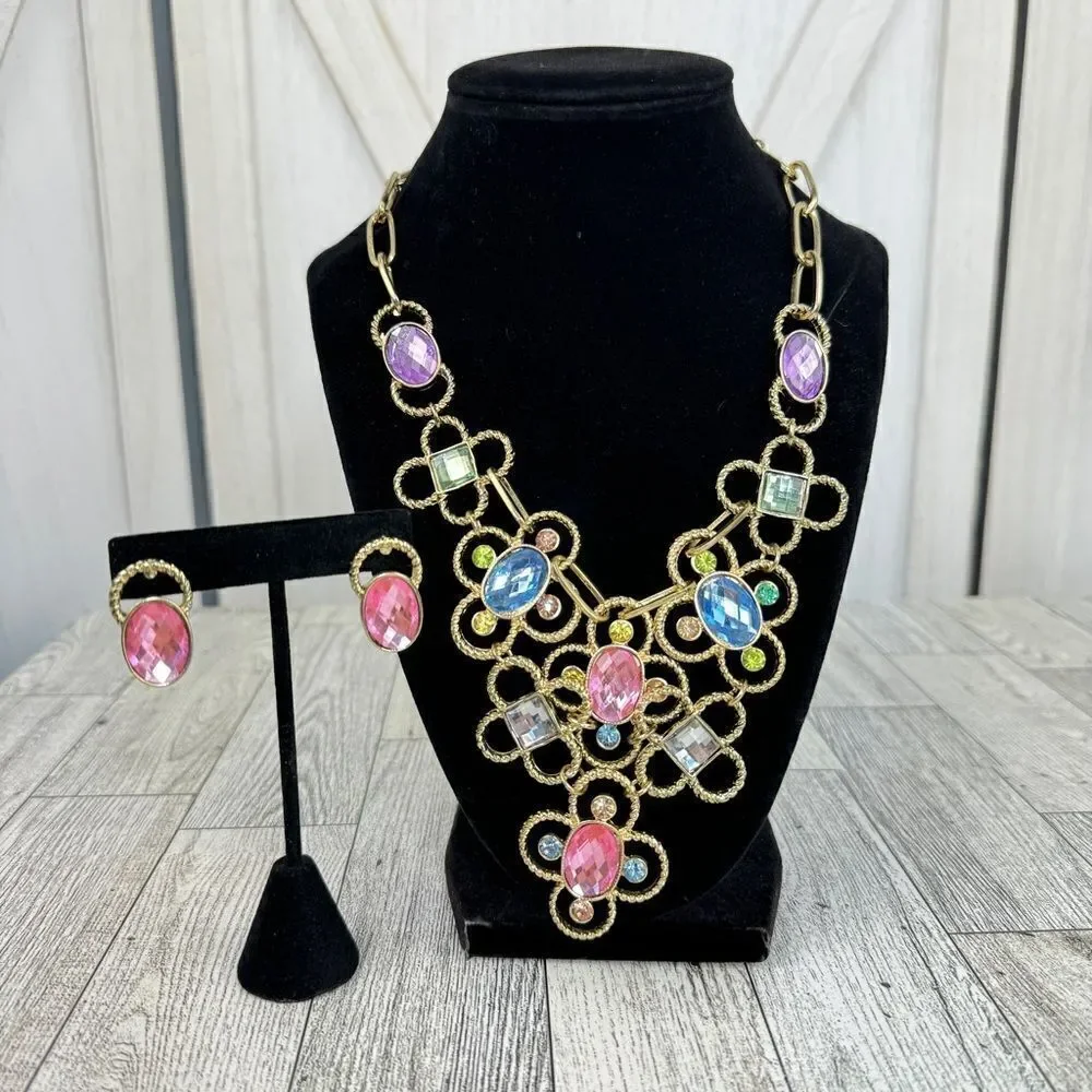 Pastel Gemstone Statement Bib Necklace Earrings Set‎ Rhinestone Soft Girl